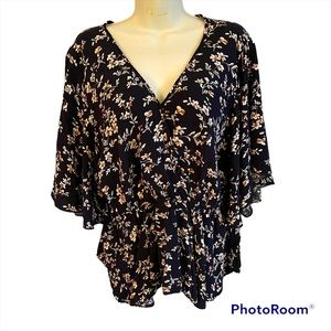 2XL SHEIN Curve Black Floral Print Front Peplum Blouse